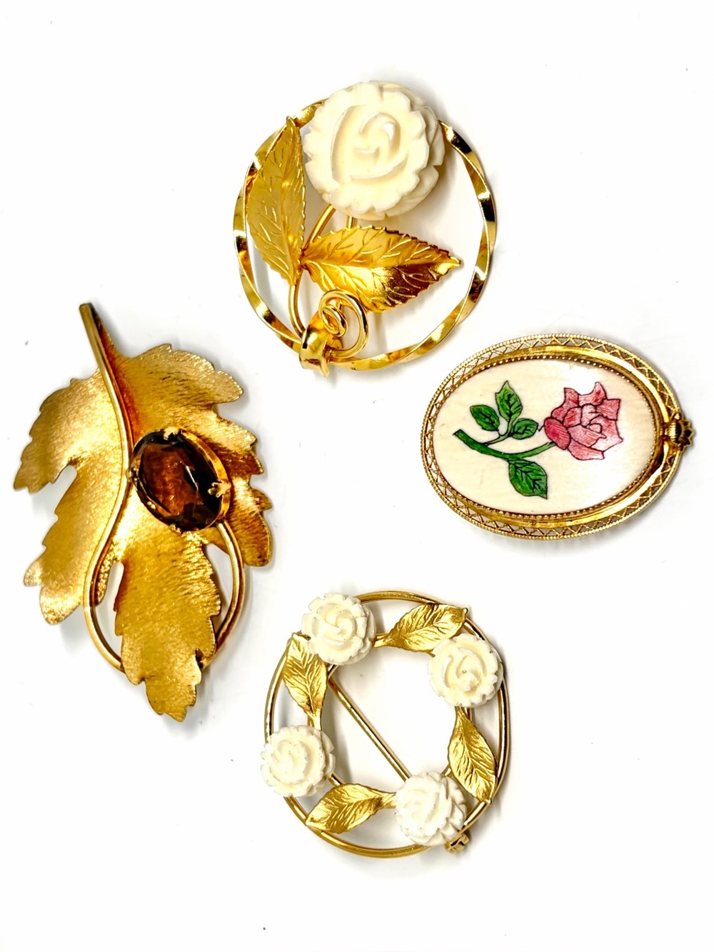4 Antique Victorian Gold Filled Art Nouveau Carved Floral Statement Brooch Pins